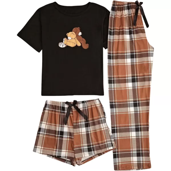 WDIRARA Women's 3 Piece Sleepwear Cow Print Short Sleeve Round Neck Tee Top and Shorts Pajamas Set with Pants