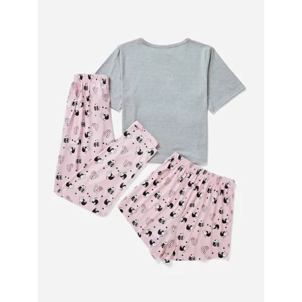 WDIRARA Women's 3 Piece Sleepwear Cow Print Short Sleeve Round Neck Tee Top and Shorts Pajamas Set with Pants