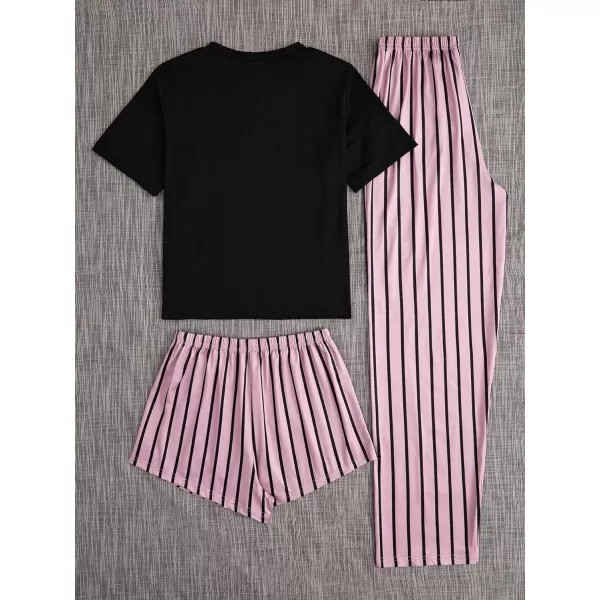 WDIRARA Women's 3 Piece Sleepwear Cow Print Short Sleeve Round Neck Tee Top and Shorts Pajamas Set with Pants