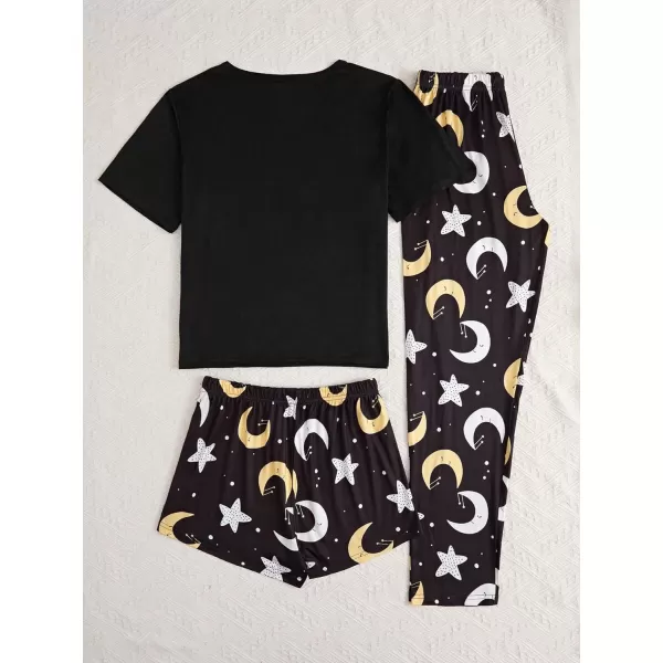 WDIRARA Women's 3 Piece Sleepwear Cow Print Short Sleeve Round Neck Tee Top and Shorts Pajamas Set with Pants