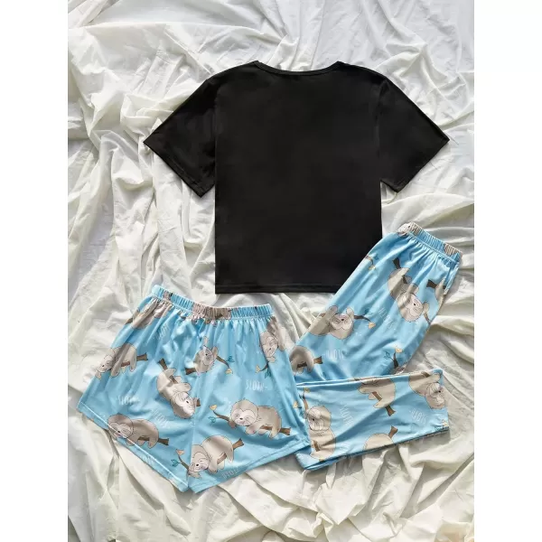 WDIRARA Women's 3 Piece Sleepwear Cow Print Short Sleeve Round Neck Tee Top and Shorts Pajamas Set with Pants