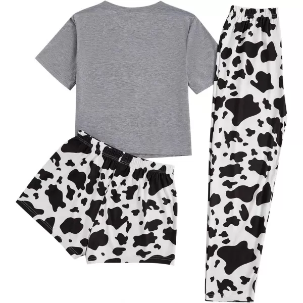 WDIRARA Women's 3 Piece Sleepwear Cow Print Short Sleeve Round Neck Tee Top and Shorts Pajamas Set with Pants
