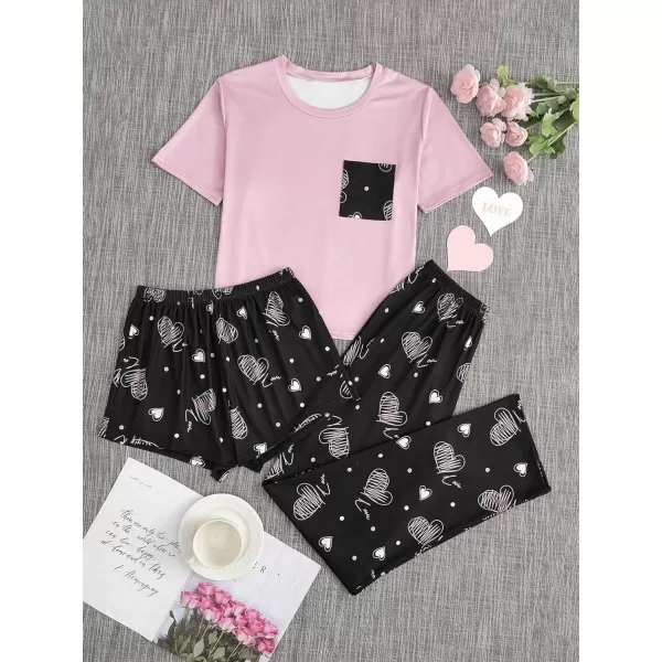 WDIRARA Women's 3 Piece Sleepwear Cow Print Short Sleeve Round Neck Tee Top and Shorts Pajamas Set with Pants