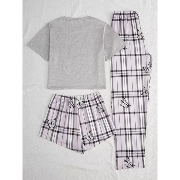 WDIRARA Women's 3 Piece Sleepwear Cow Print Short Sleeve Round Neck Tee Top and Shorts Pajamas Set with Pants