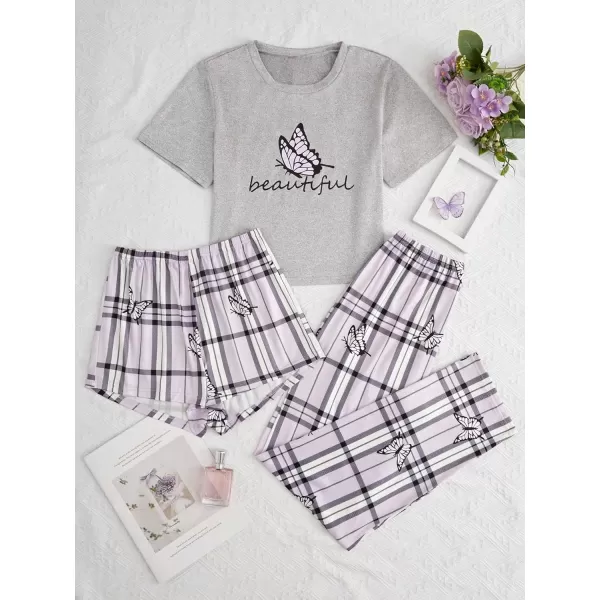 WDIRARA Women's 3 Piece Sleepwear Cow Print Short Sleeve Round Neck Tee Top and Shorts Pajamas Set with Pants