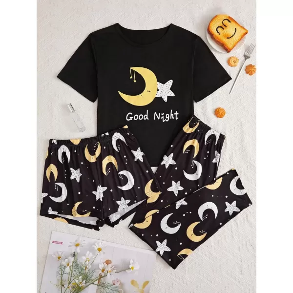 WDIRARA Women's 3 Piece Sleepwear Cow Print Short Sleeve Round Neck Tee Top and Shorts Pajamas Set with Pants