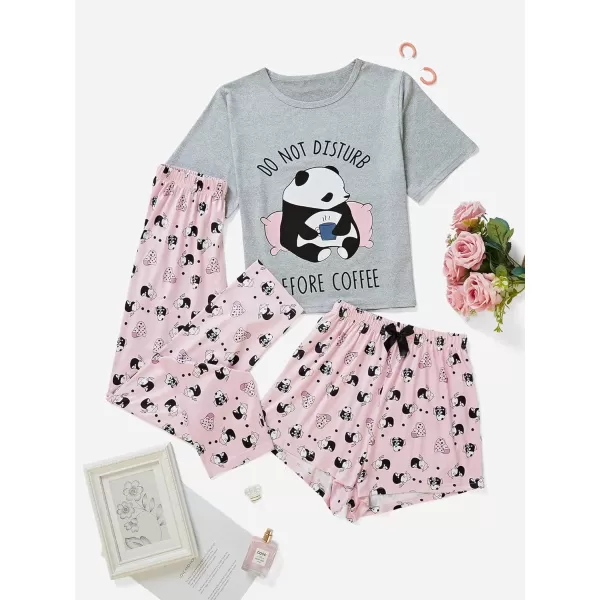 WDIRARA Women's 3 Piece Sleepwear Cow Print Short Sleeve Round Neck Tee Top and Shorts Pajamas Set with Pants