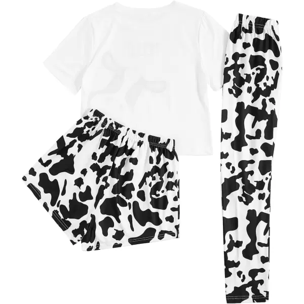 WDIRARA Women's 3 Piece Sleepwear Cow Print Short Sleeve Round Neck Tee Top and Shorts Pajamas Set with Pants