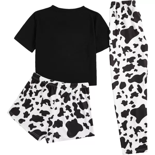 WDIRARA Women's 3 Piece Sleepwear Cow Print Short Sleeve Round Neck Tee Top and Shorts Pajamas Set with Pants