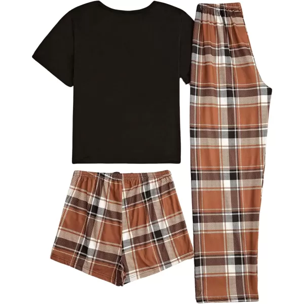 WDIRARA Women's 3 Piece Sleepwear Cow Print Short Sleeve Round Neck Tee Top and Shorts Pajamas Set with Pants