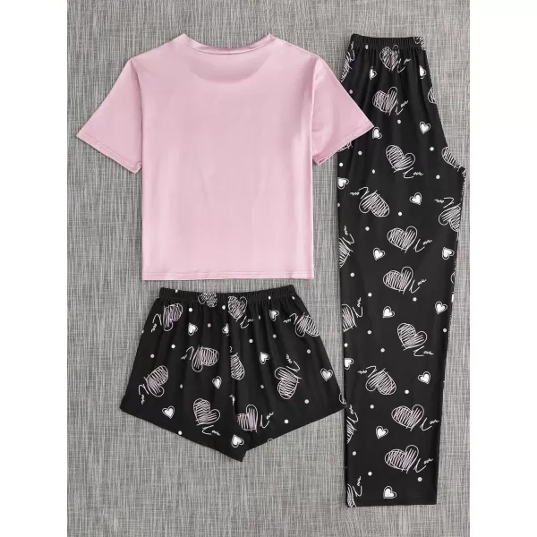 WDIRARA Women's 3 Piece Sleepwear Cow Print Short Sleeve Round Neck Tee Top and Shorts Pajamas Set with Pants