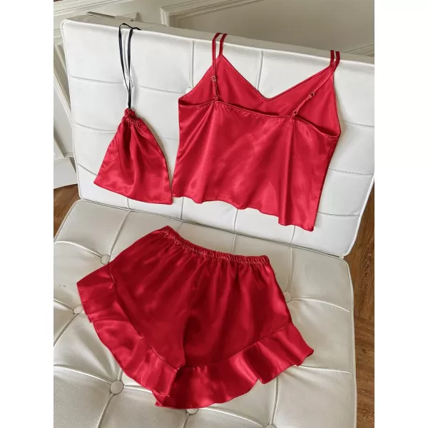 WDIRARA Women's 3 Pieces Satin Sleepwear Cami Top and Ruffle Shorts Pajama Set