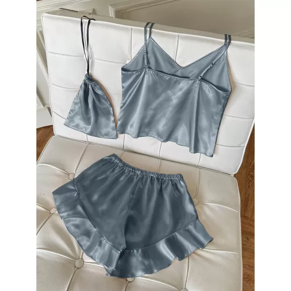 WDIRARA Women's 3 Pieces Satin Sleepwear Cami Top and Ruffle Shorts Pajama Set