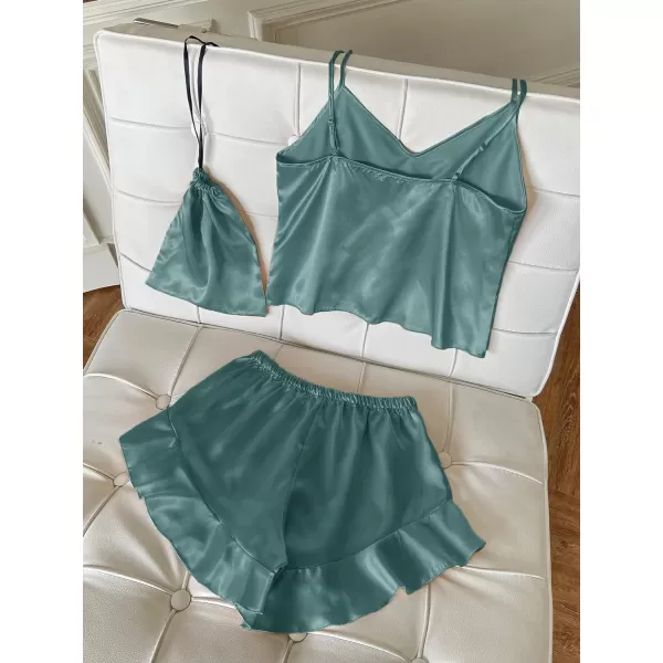 WDIRARA Women's 3 Pieces Satin Sleepwear Cami Top and Ruffle Shorts Pajama Set
