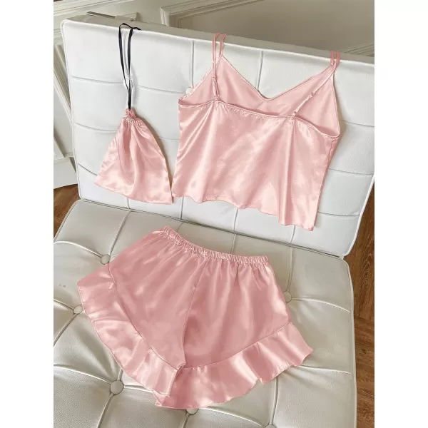 WDIRARA Women's 3 Pieces Satin Sleepwear Cami Top and Ruffle Shorts Pajama Set