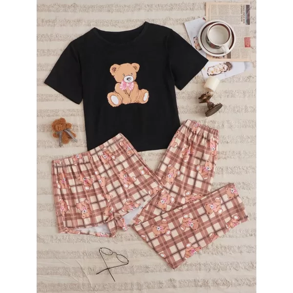 WDIRARA Women's 3 Pieces Sleepwear Cartoon Cow Print Top and Shorts with Pants Pajama Set