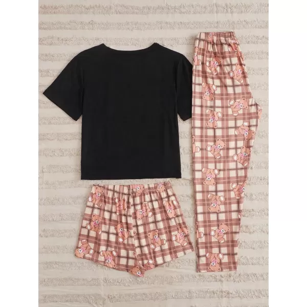 WDIRARA Women's 3 Pieces Sleepwear Cartoon Cow Print Top and Shorts with Pants Pajama Set