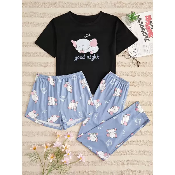 WDIRARA Women's 3 Pieces Sleepwear Cartoon Cow Print Top and Shorts with Pants Pajama Set