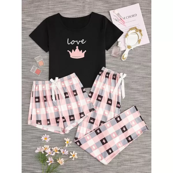 WDIRARA Women's 3 Pieces Sleepwear Cartoon Cow Print Top and Shorts with Pants Pajama Set