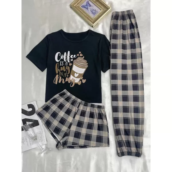 WDIRARA Women's 3 Pieces Sleepwear Cartoon Cow Print Top and Shorts with Pants Pajama Set