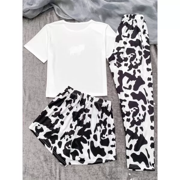 WDIRARA Women's 3 Pieces Sleepwear Cartoon Cow Print Top and Shorts with Pants Pajama Set