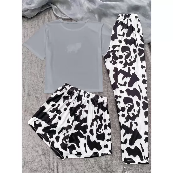 WDIRARA Women's 3 Pieces Sleepwear Cartoon Cow Print Top and Shorts with Pants Pajama Set