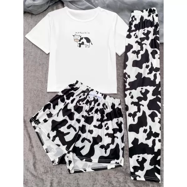 WDIRARA Women's 3 Pieces Sleepwear Cartoon Cow Print Top and Shorts with Pants Pajama Set