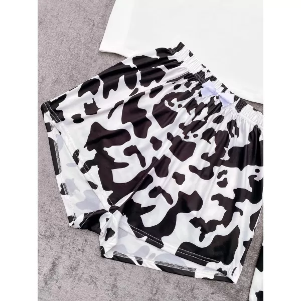 WDIRARA Women's 3 Pieces Sleepwear Cartoon Cow Print Top and Shorts with Pants Pajama Set