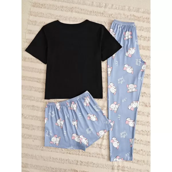 WDIRARA Women's 3 Pieces Sleepwear Cartoon Cow Print Top and Shorts with Pants Pajama Set