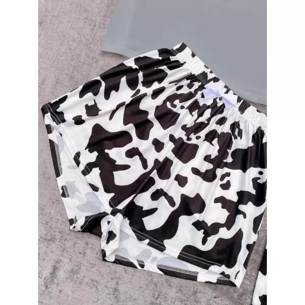 WDIRARA Women's 3 Pieces Sleepwear Cartoon Cow Print Top and Shorts with Pants Pajama Set