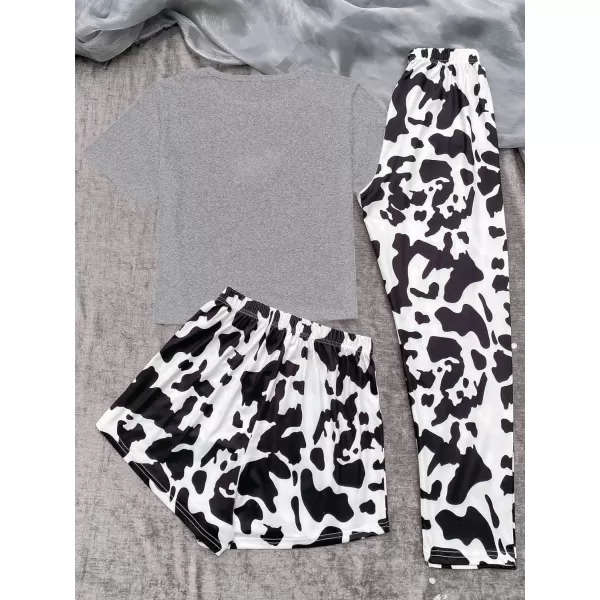 WDIRARA Women's 3 Pieces Sleepwear Cartoon Cow Print Top and Shorts with Pants Pajama Set