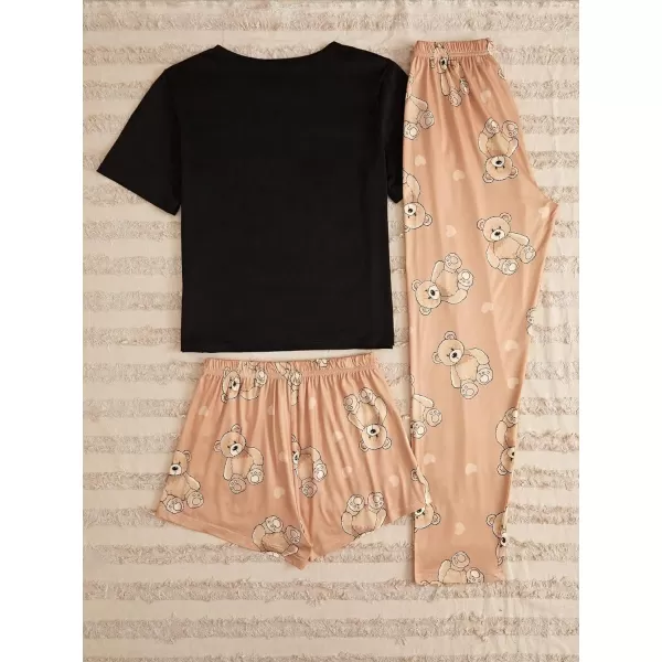 WDIRARA Women's 3 Pieces Sleepwear Cartoon Cow Print Top and Shorts with Pants Pajama Set