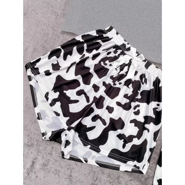 WDIRARA Women's 3 Pieces Sleepwear Cartoon Cow Print Top and Shorts with Pants Pajama Set