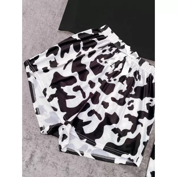 WDIRARA Women's 3 Pieces Sleepwear Cartoon Cow Print Top and Shorts with Pants Pajama Set