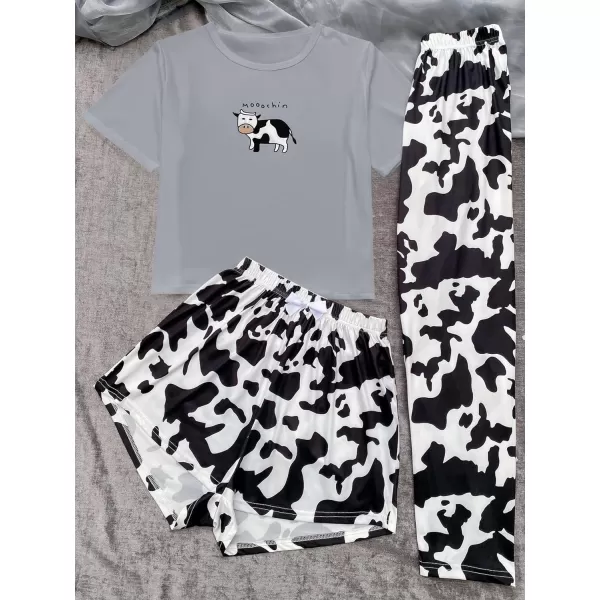 WDIRARA Women's 3 Pieces Sleepwear Cartoon Cow Print Top and Shorts with Pants Pajama Set