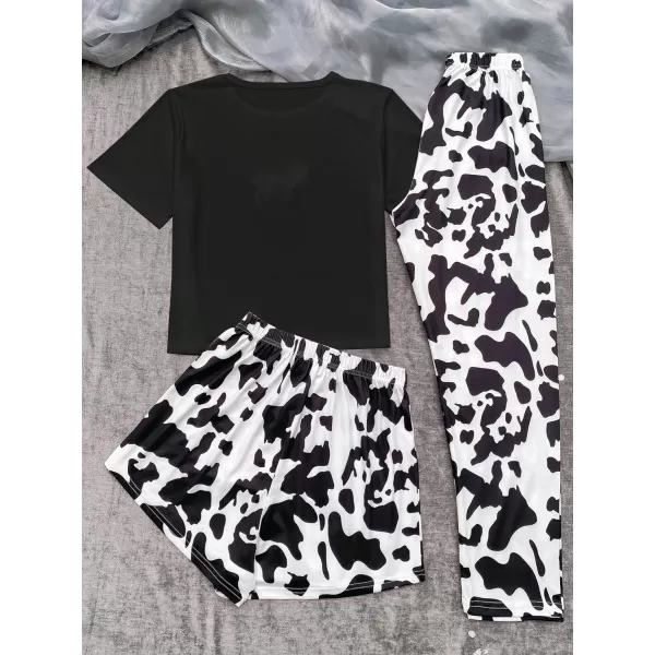 WDIRARA Women's 3 Pieces Sleepwear Cartoon Cow Print Top and Shorts with Pants Pajama Set
