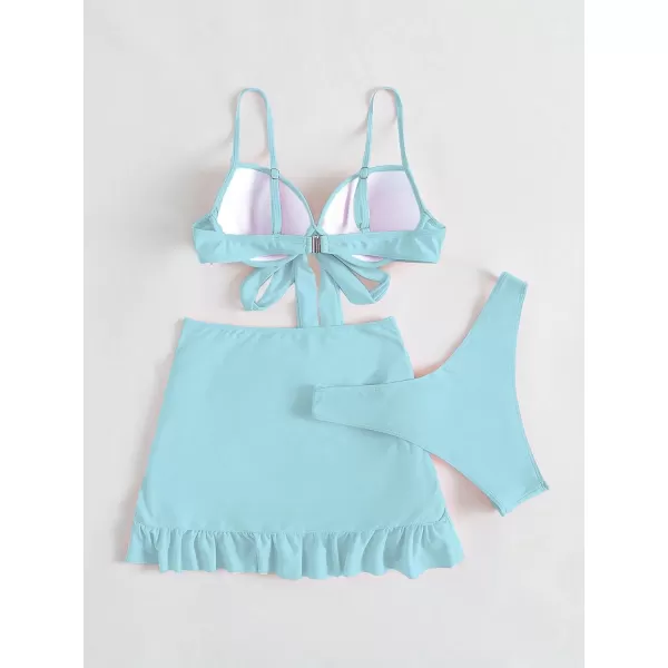 WDIRARA Women's 3 Pieces Tie Front Push Up Bikini Swimsuit with Ruched Ruffle Hem Beach Skirt