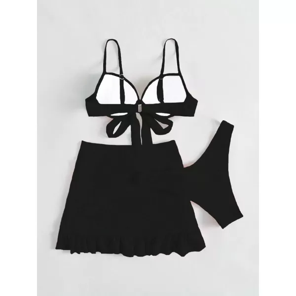 WDIRARA Women's 3 Pieces Tie Front Push Up Bikini Swimsuit with Ruched Ruffle Hem Beach Skirt