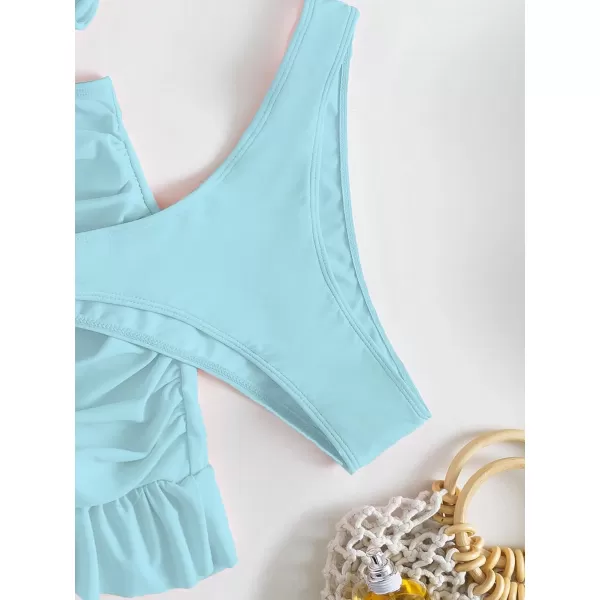WDIRARA Women's 3 Pieces Tie Front Push Up Bikini Swimsuit with Ruched Ruffle Hem Beach Skirt