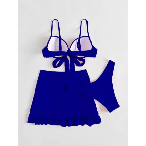 WDIRARA Women's 3 Pieces Tie Front Push Up Bikini Swimsuit with Ruched Ruffle Hem Beach Skirt