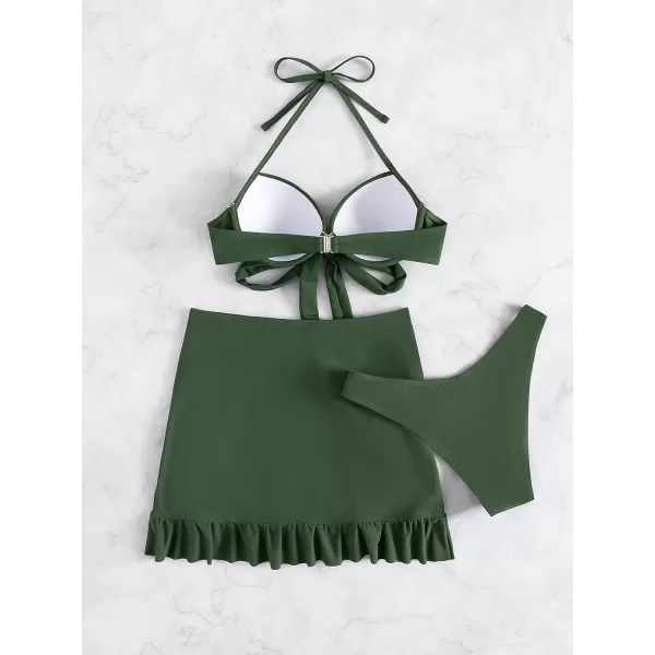 WDIRARA Women's 3 Pieces Tie Front Push Up Bikini Swimsuit with Ruched Ruffle Hem Beach Skirt