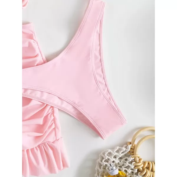 WDIRARA Women's 3 Pieces Tie Front Push Up Bikini Swimsuit with Ruched Ruffle Hem Beach Skirt