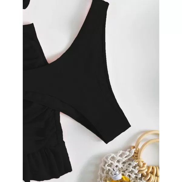 WDIRARA Women's 3 Pieces Tie Front Push Up Bikini Swimsuit with Ruched Ruffle Hem Beach Skirt