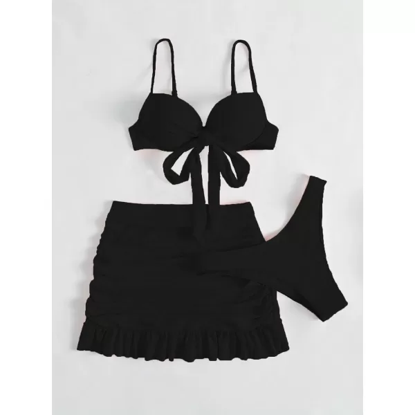WDIRARA Women's 3 Pieces Tie Front Push Up Bikini Swimsuit with Ruched Ruffle Hem Beach Skirt