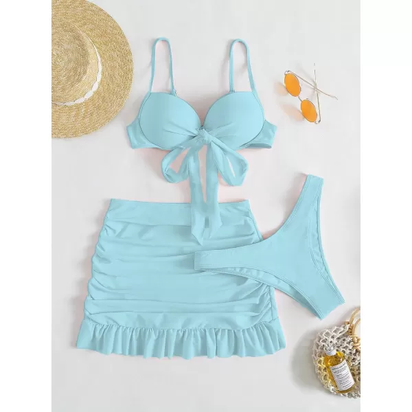 WDIRARA Women's 3 Pieces Tie Front Push Up Bikini Swimsuit with Ruched Ruffle Hem Beach Skirt