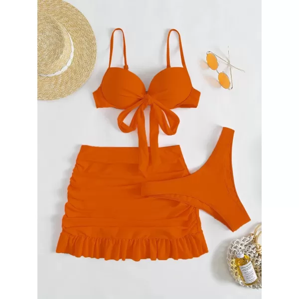 WDIRARA Women's 3 Pieces Tie Front Push Up Bikini Swimsuit with Ruched Ruffle Hem Beach Skirt