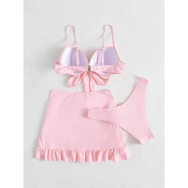 WDIRARA Women's 3 Pieces Tie Front Push Up Bikini Swimsuit with Ruched Ruffle Hem Beach Skirt