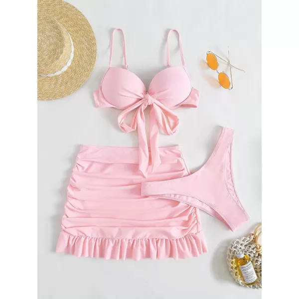 WDIRARA Women's 3 Pieces Tie Front Push Up Bikini Swimsuit with Ruched Ruffle Hem Beach Skirt