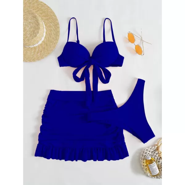 WDIRARA Women's 3 Pieces Tie Front Push Up Bikini Swimsuit with Ruched Ruffle Hem Beach Skirt