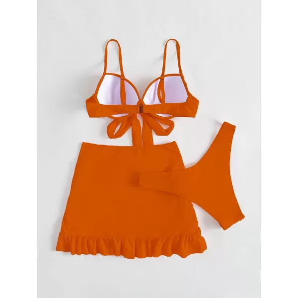 WDIRARA Women's 3 Pieces Tie Front Push Up Bikini Swimsuit with Ruched Ruffle Hem Beach Skirt